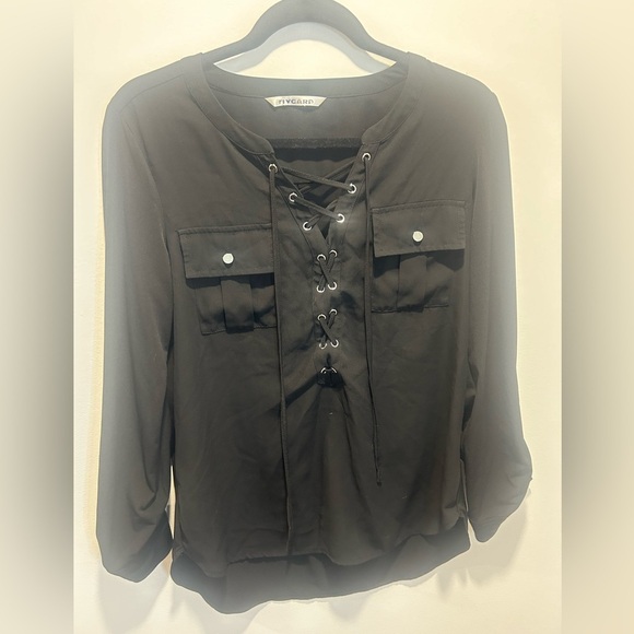 NYGARD, size L, black 3/4 length sleeve top, corset front, silver accents - Picture 1 of 6